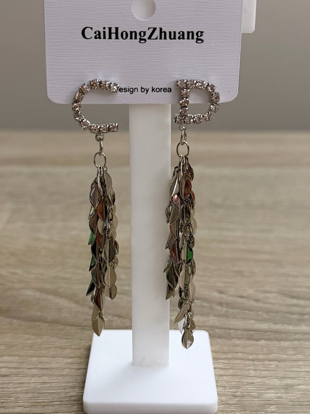 Rhinestone Initial Tassel Statement Earrings Silver Tone Glam NWT